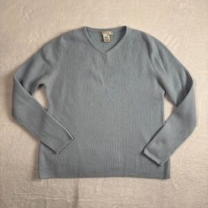 Marconi Blue Ribbed Knit Long Sleeve V-Neck Preppy Cashmere Sweater Womens Large